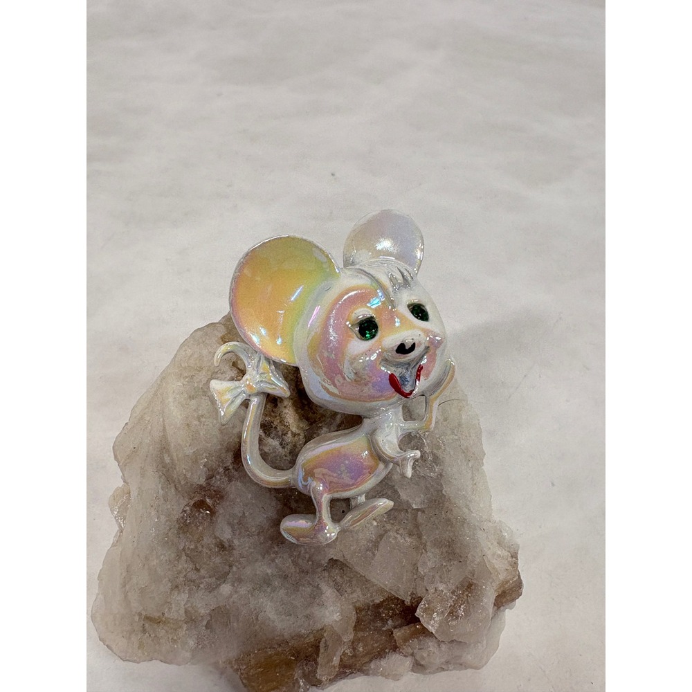 Vintage Iridescent Pearlescent Mouse Brooch Pin Green Rhinestone Eyes‎ Bow Tail
